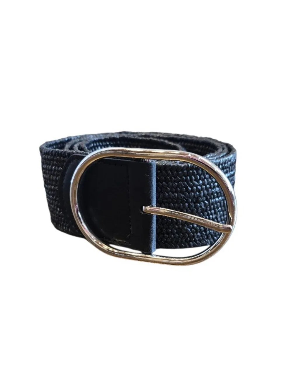 Black Raffia Stretch Silvertone Buckle Adjustable Belt